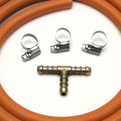 3 Way T Connector Splitter Kit With 2Mt 8Mm I/D Gas Hose & 3 Clips