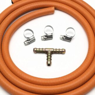 3 Way T Connector Splitter Kit With 2Mt 8Mm I/D Gas Hose & 3 Clips