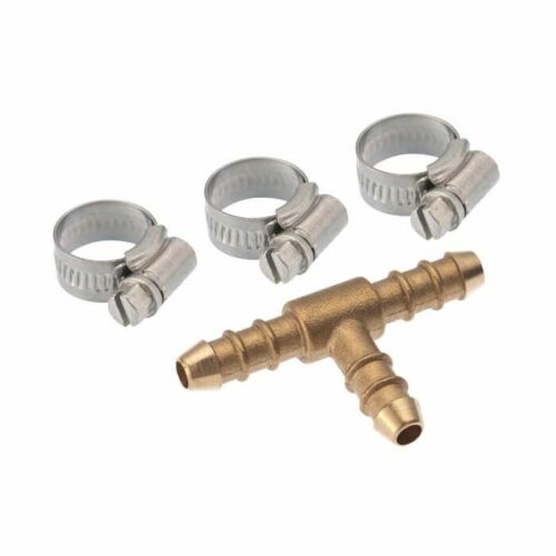 Calor 8mm gas hose nozzle tee piece and three jubilee clips.